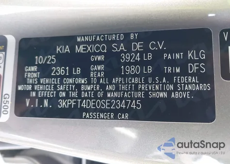 2025 Kia K4 Lxs from USA, damaged, VIN 3KPFT4DE0SE234745